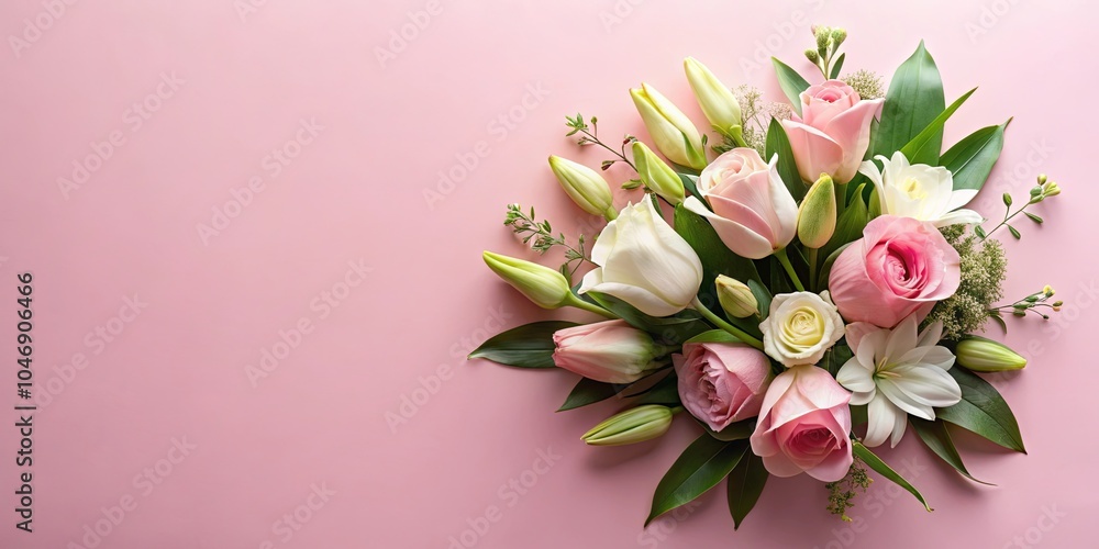 Delicate Pink and White Blooms on a Soft Pink Background, Creating a Romantic Floral Arrangement Delicate Pink and White Blooms on a Soft Pink Background, Creating a Romantic Floral Arrangement