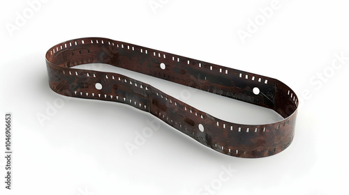 A strip of old, undeveloped 35mm film lies on a white background. The film is curled and shows signs of age and wear, suggesting it has been stored for a long time. photo