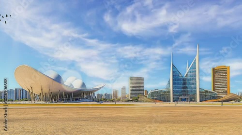 A large open area with modern buildings, light beige and glass, under a clear blue sky.