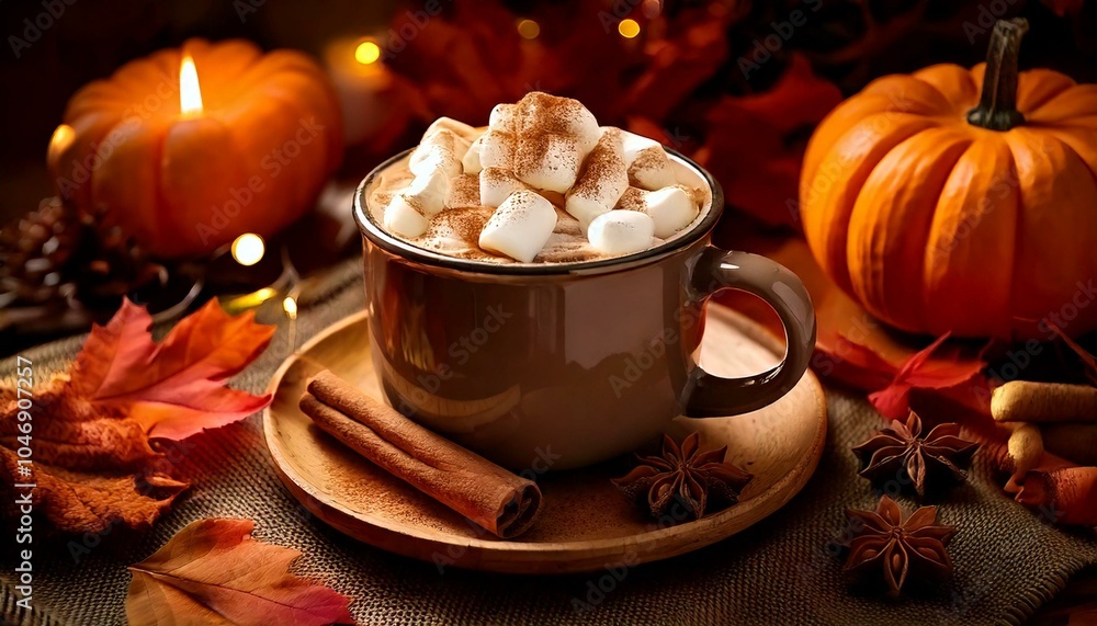 Fototapeta premium Warm mug of hot chocolate topped with marshmallows, surrounded by cinnamon sticks and autumn 