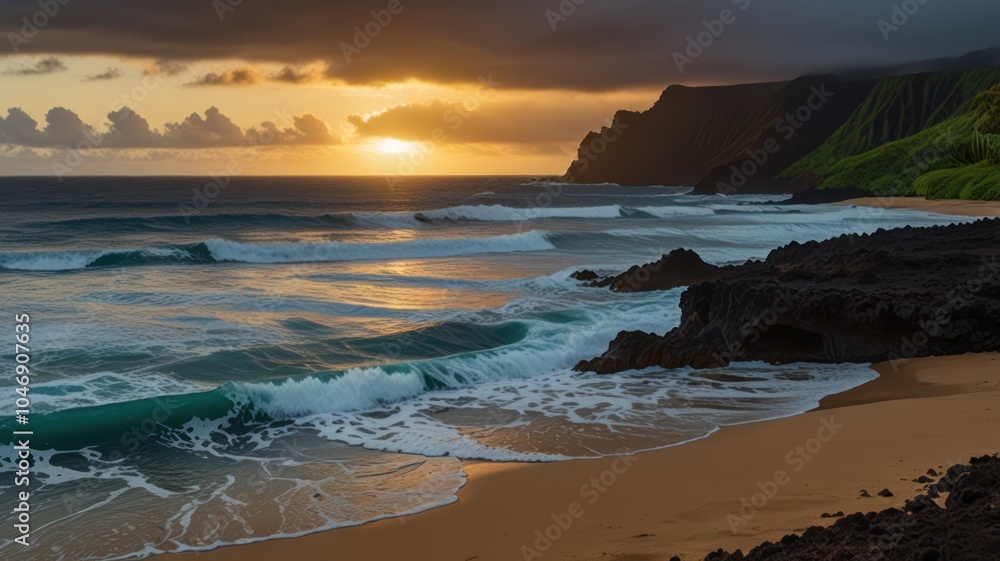 A breathtaking sunrise over the Pacific Ocean with dramatic cliffs and crashing waves on a sandy beach. A breathtaking sunrise over the Pacific Ocean with dramatic cliffs and crashing waves on a sandy beach.