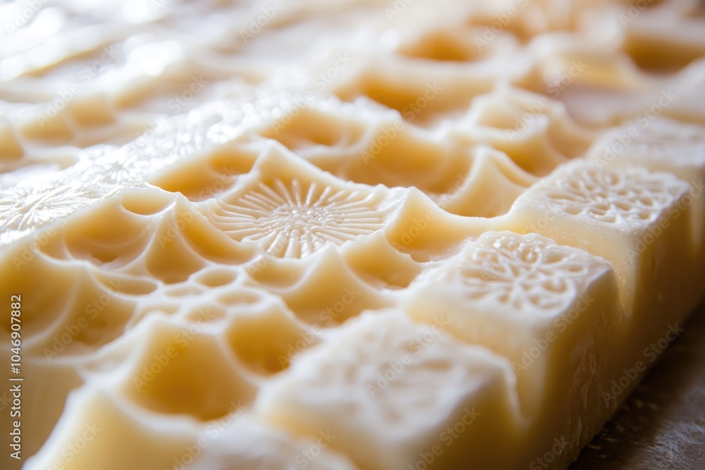 Close-up of Creamy White Soap Bars with Intricate Designs