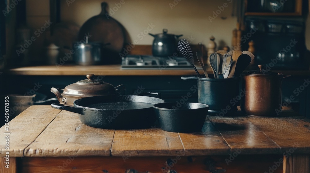 Obraz premium Rustic Kitchen with Cookware and Wooden Table