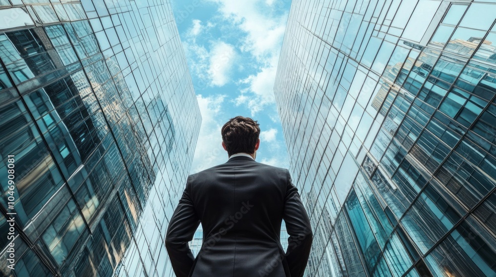 Fototapeta premium A man in a suit stands in front of two tall buildings, looking up at the sky