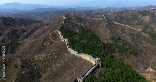 Restored The Great Wall Of Jinshanling In Luanping County Mountainous Landscape In Beijing China. Aerial Drone Shot photo