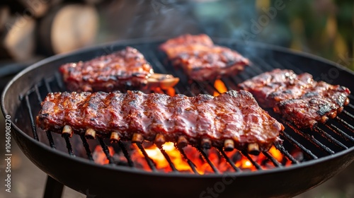 Delicious Barbecue Ribs Grilling on a Smoky Grill