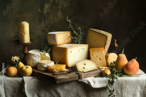 Still Life with Various Cheeses, Pears, and a Candle on a Wooden Cutting Board photo