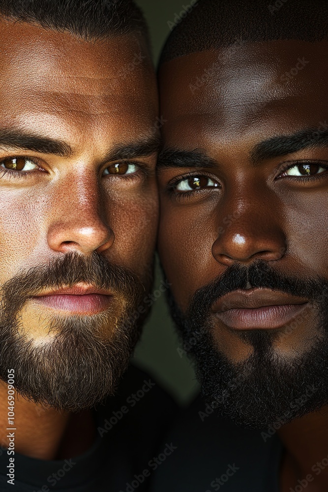 Two men with contrasting skin tones and beards stand together, emphasizing unity in diversity as they observe International Day for Tolerance Two men with contrasting skin tones and beards stand together, emphasizing unity in diversity as they observe International Day for Tolerance