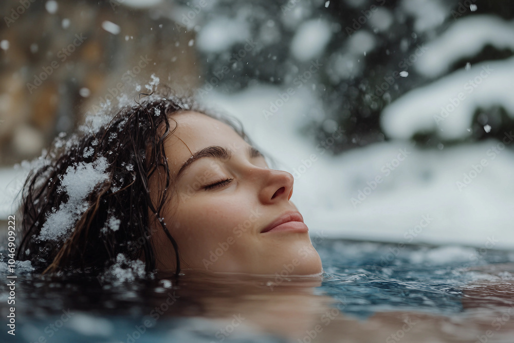 Generative AI woman relaxes in snowy winter resort hot spring Generative AI woman relaxes in snowy winter resort hot spring
