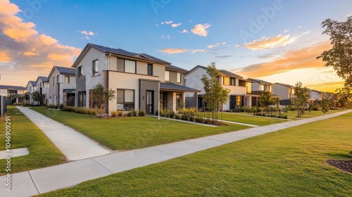 Neat Row of Modern Homes with Lush Lawns under Blue Skies