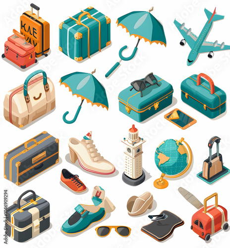 Isometric travel icon set featuring suitcases, umbrellas, shoes, airplane, globe, sunglasses, and more.