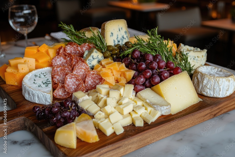 A wooden serving board piled high with various cheeses, salami, grapes and rosemary. A wooden serving board piled high with various cheeses, salami, grapes and rosemary.
