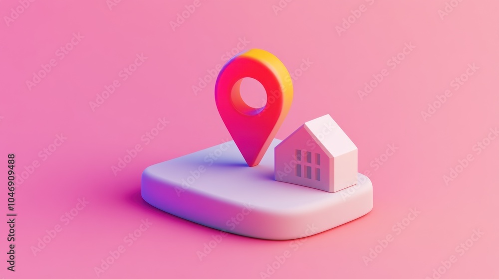 Icon representing a map location drop pin Above the pin, place a simple 3D house, AI generated image Icon representing a map location drop pin Above the pin, place a simple 3D house, AI generated image