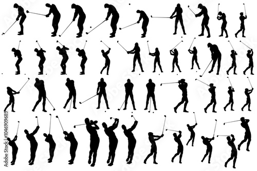 collection of silhouettes of  male character play golf with different angle