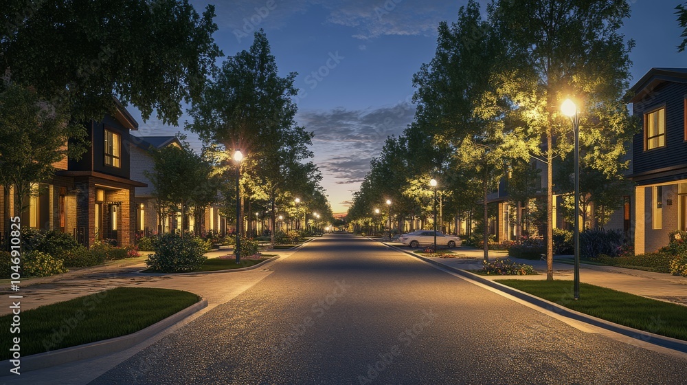 Serene Evening Atmosphere on Suburban Street with Illuminated Streetlights Serene Evening Atmosphere on Suburban Street with Illuminated Streetlights