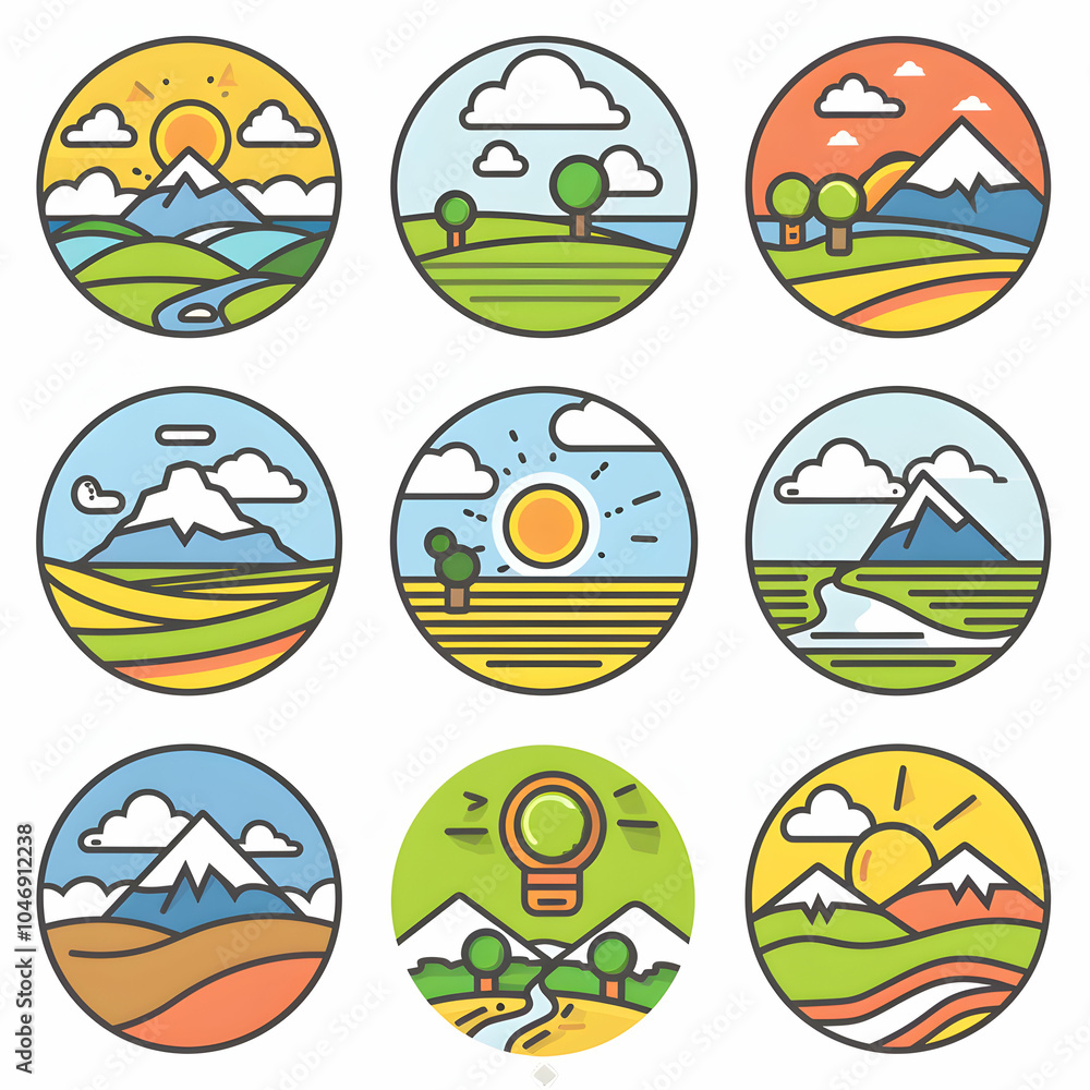 Nine colorful icons of landscapes with mountains, sun, clouds, trees, rivers, and hills. Nine colorful icons of landscapes with mountains, sun, clouds, trees, rivers, and hills.