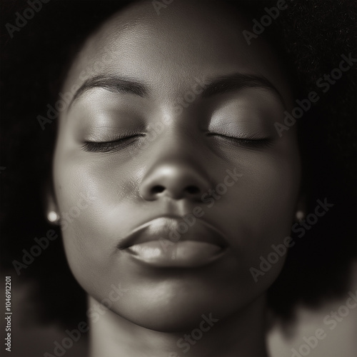 A close up of a black woman's face with her eyes closed looking to a side black and white