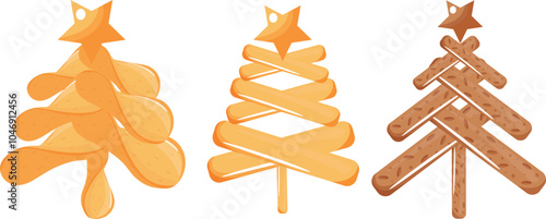 
set of stylized Christmas trees from various sets of crisps, crackers and fries and a star on top for various holiday posters or designs