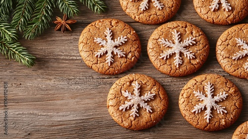 Festively decorated cookies with snowflake icing sit on a rustic wooden surface, adorned with pine branches, perfect for holiday gatherings.