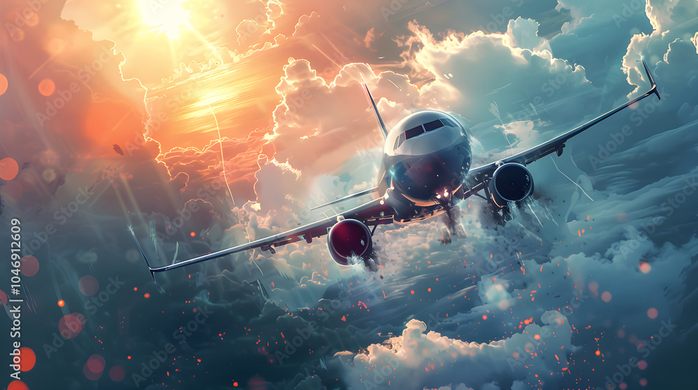 Fototapeta premium A passenger plane flying through the scary clouds at the day time on cloudy sky background 