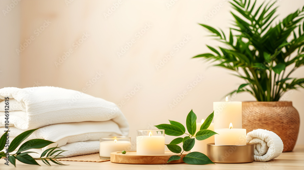 A background showing a peaceful spa environment with green plants, candles, and soft towels, set against a neutral beige backdrop to evoke relaxation and self-care. A background showing a peaceful spa environment with green plants, candles, and soft towels, set against a neutral beige backdrop to evoke relaxation and self-care.