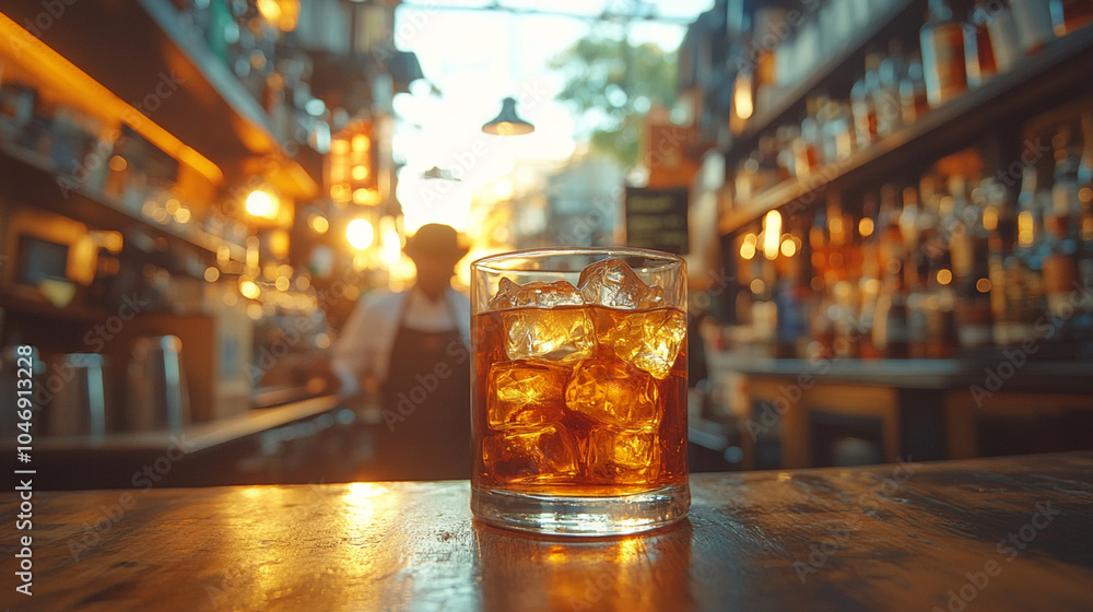 Glass ofbeverage with ice on the bar counter. Ai generated Glass ofbeverage with ice on the bar counter. Ai generated
