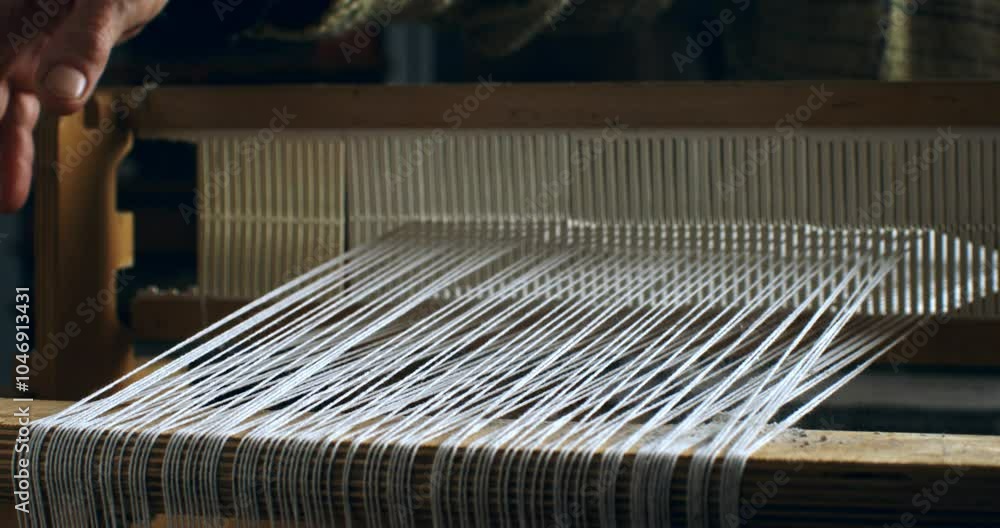 Super slow motion close up of female artisan skillfully working with woven weaving machine, using threads or yarns to craft cloth textile piece in her workshop studio at 1000 fps. Super slow motion close up of female artisan skillfully working with woven weaving machine, using threads or yarns to craft cloth textile piece in her workshop studio at 1000 fps.