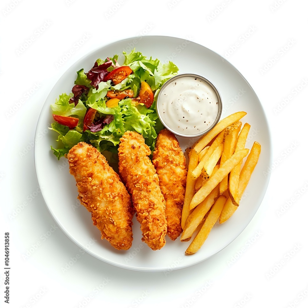 Crispy chicken tenders with salad, fries, and dipping sauce. Crispy chicken tenders with salad, fries, and dipping sauce.