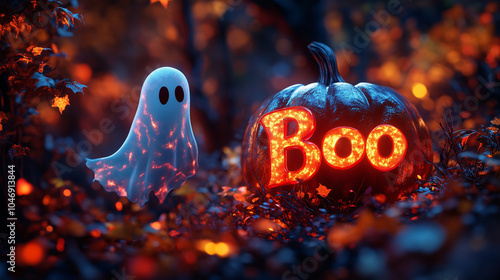 pumpkin with ghostly boo decoration - spooky halloween  photo