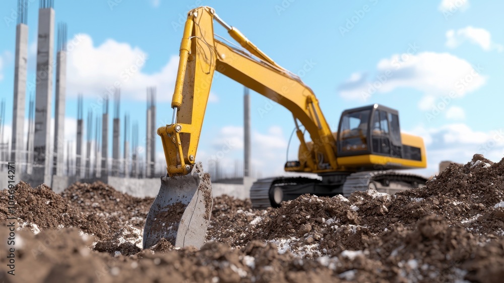 A yellow excavator digs into the earth at a construction site with concrete pillars in the background under a bright blue sky. A yellow excavator digs into the earth at a construction site with concrete pillars in the background under a bright blue sky.