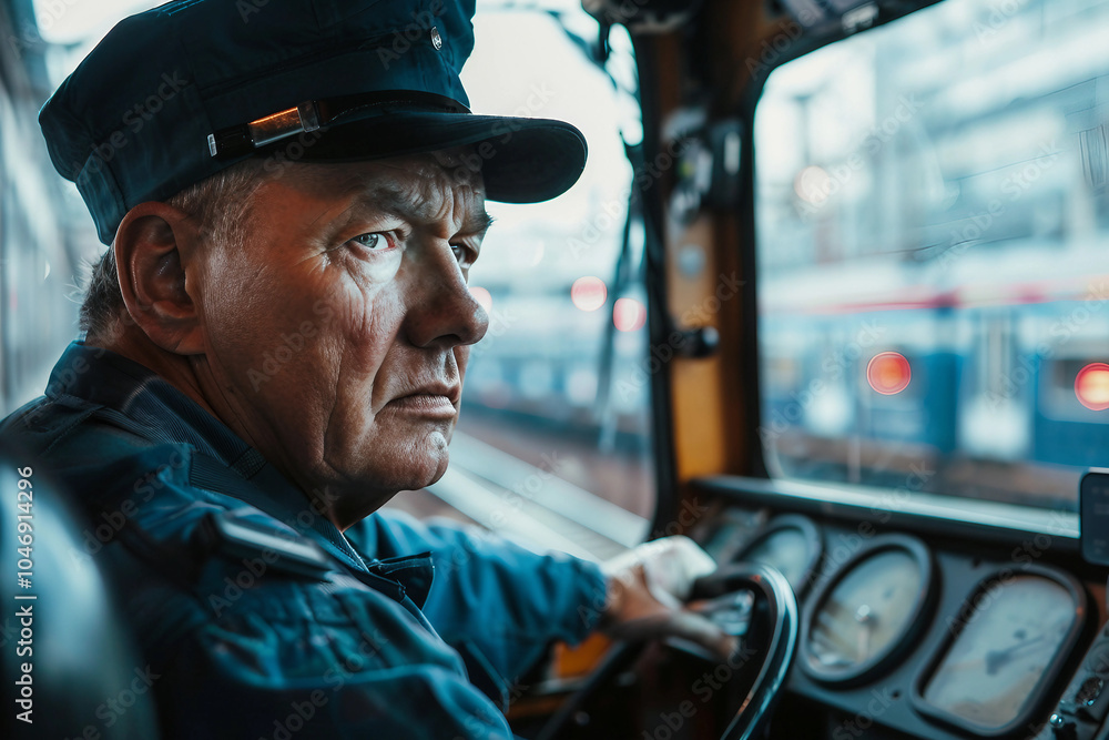 Generative AI image of a public transport machinist at work, focused on operating the vehicle Generative AI image of a public transport machinist at work, focused on operating the vehicle