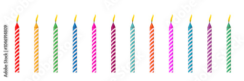 Birthday candles for cake. Isolated candles lights of different colors for anniversary cakes or cupcakes for happy celebration isolated on transparent background. Cartoon vector illustration set.