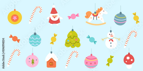 Christmas tree ornaments set. New year decoration collection isolated on blue background. Colorful Xmas balls, garland, candy. Vector pattern for season greetings, card, social banner.