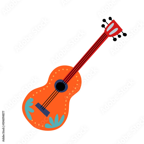 Mexican guitar with traditional flower ornament vector illustration isolated on transparent background. Hispanic bright wooden musical instrument with strings for melody playing.
