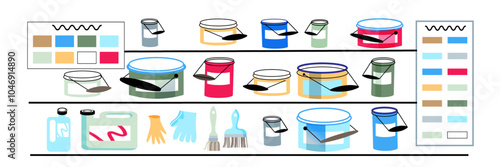 Hardware shop interior design display elements. Stand with paints, paint brushes, rollers, sprays, boxes or buckets vector illustration. Tools and materials assortment for renovation.