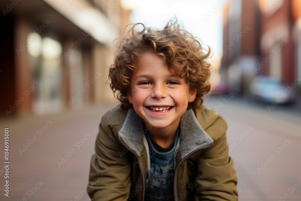 Portrait of a cute little boy with curly hair in the city Portrait of a cute little boy with curly hair in the city