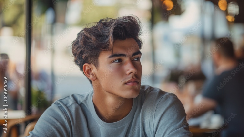 Thoughtful Young Man in Café Setting Thoughtful Young Man in Café Setting
