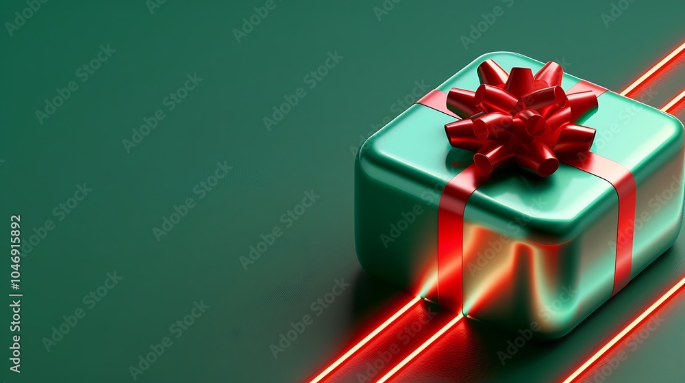 3D Vibrant Gift Box with Red Ribbon and Laser Lines. Christmas Theme. 3D Vibrant Gift Box with Red Ribbon and Laser Lines. Christmas Theme.