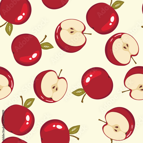 Seamless pattern with apple on color background. Natural delicious fresh ripe tasty fruit. Vector illustration for print, fabric, textile, banner, design. Stylized apples with leaves. Food concept