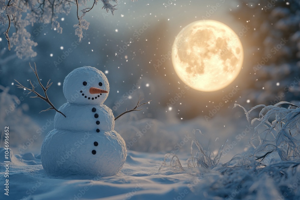 Obraz premium A Snowman Stands Alone Under a Full Moon in a Snowy Forest