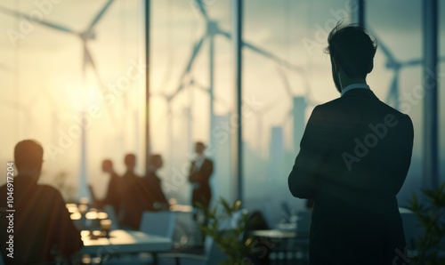 Investors and technician who are out of focus in the foreground are standing in talks about wind turbine power generation, Wind turbine farm is an alternative electricity source for business esg ideas photo