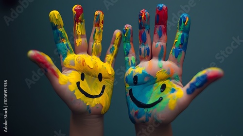 A detailed shot of open hands painted with cheerful smiley faces in multiple colors, fingers extended against a plain background, conveying a playful and positive theme. photo