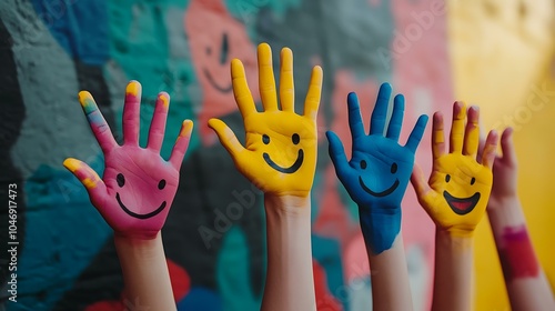 Close-up of several hands painted with colorful smiley faces, fingers spread to showcase the cheerful designs against a simple background.