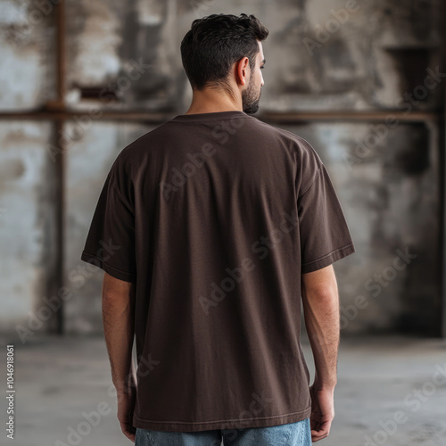 Back view, A man wearing an oversized brown t-shirt. isolated on an industrial background. Oversized t-shirt product advertising photo, Ai generated images