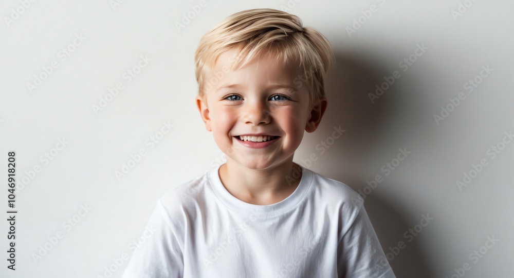 blonde kid boy white background wearing plain white tshirt smiling happy portrait blonde kid boy white background wearing plain white tshirt smiling happy portrait