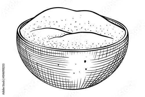 Bowl of Flour vector illustration. Drawing of dish with curd or sour cream in line art style. Rustic retro outline element painted by black inks on isolated background. Etching for cookbook.