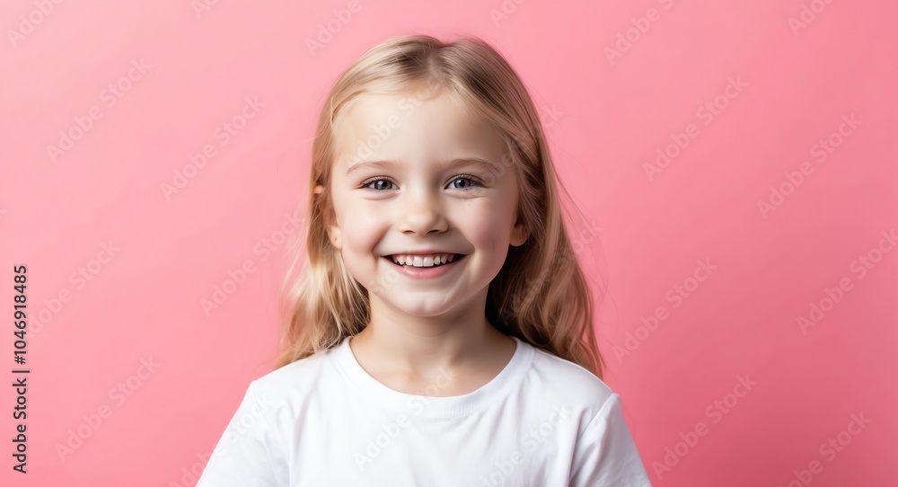 blonde kid girl pink background wearing plain white tshirt smiling happy portrait blonde kid girl pink background wearing plain white tshirt smiling happy portrait