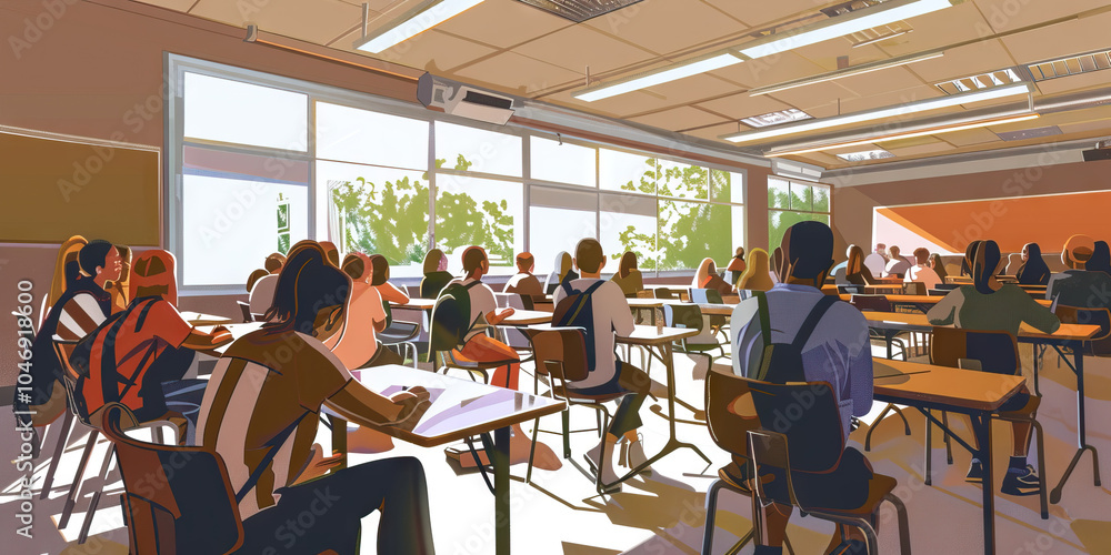 A classroom desks, focusing on students engaged in group learning, their conversations colored in muted tones of grey and brown. A classroom desks, focusing on students engaged in group learning, their conversations colored in muted tones of grey and brown.