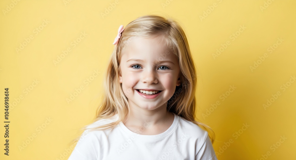 blonde kid girl yellow background wearing plain white tshirt smiling happy portrait blonde kid girl yellow background wearing plain white tshirt smiling happy portrait