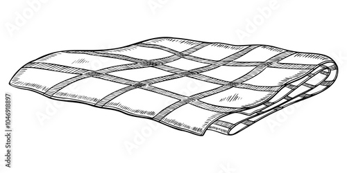 Folded cloth vector illustration. Drawing of checkered blanket or plaid painted in line art style by black inks on isolated background. outline etching of tablecloth. Monochrome engraving.